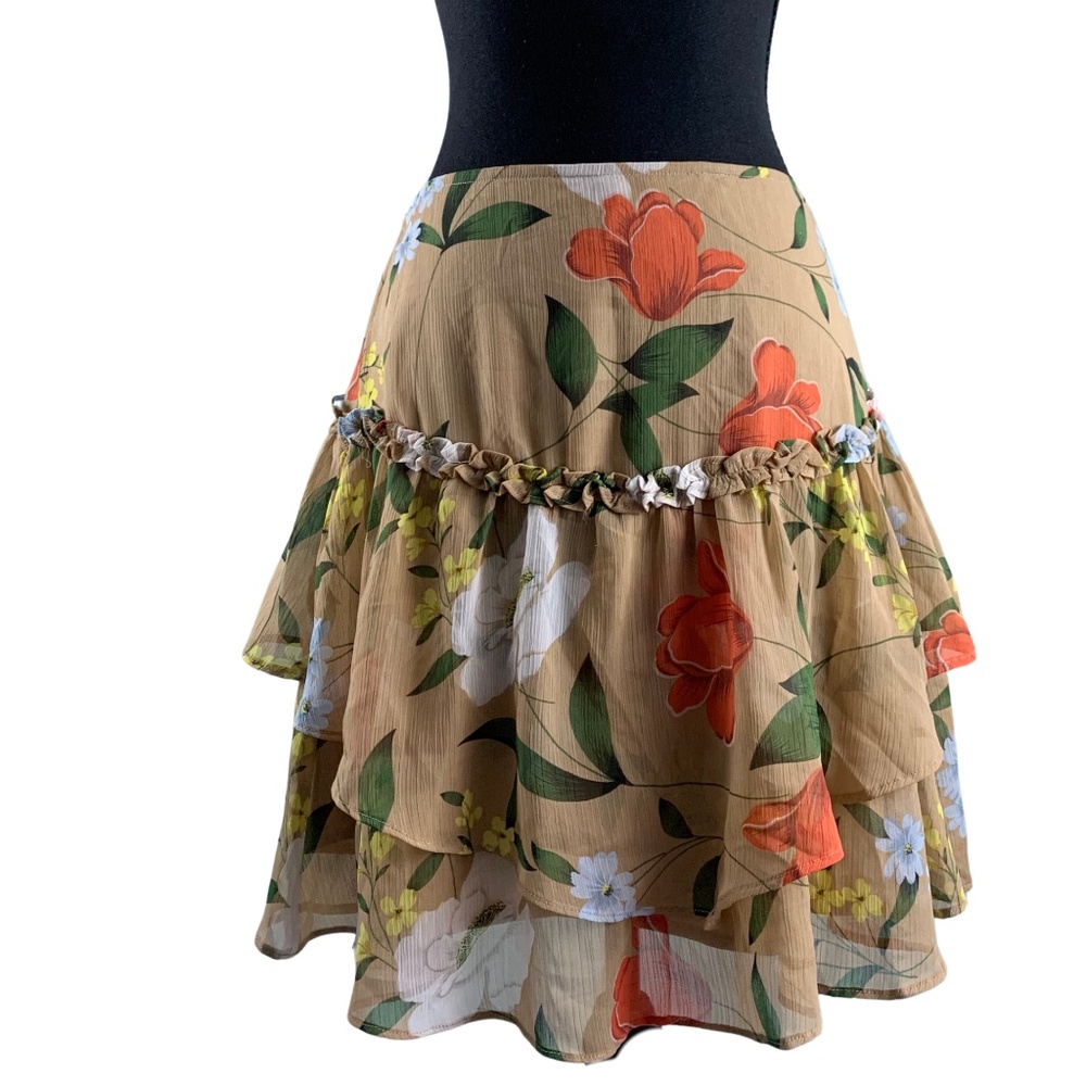Lost & Wander Ruffled Botanical Floral Tiered Skirt Women's M Boho Feminine